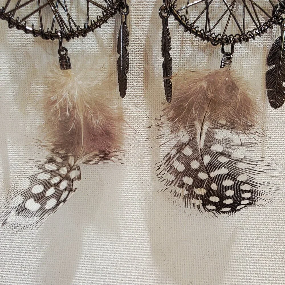 Dreamcatcher Metal Woven Feather Accent Large Long SW Dangle Pierced Earrings